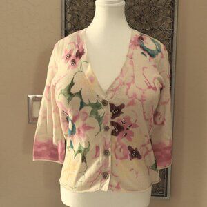 J. Jill Small Watercolor Floral Silk Trimmed Cardigan.